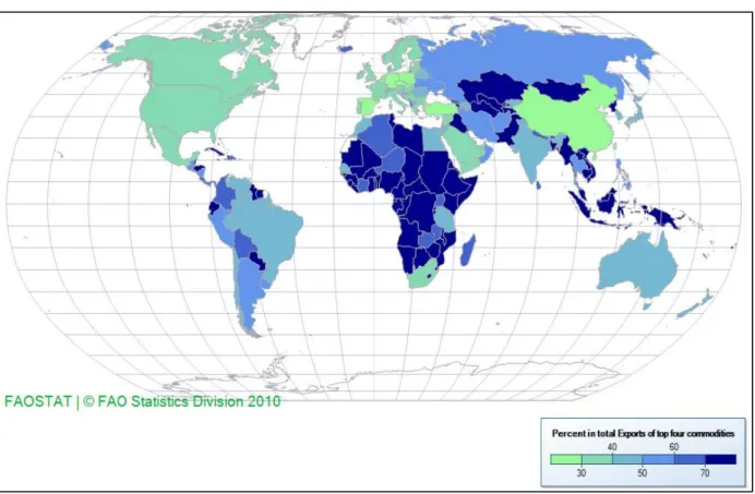 Figure 4.8: Percentage in Total Exports of the top four commodities in each  country (Darkest areas are over 70%;  Lightest are under 30%) 
