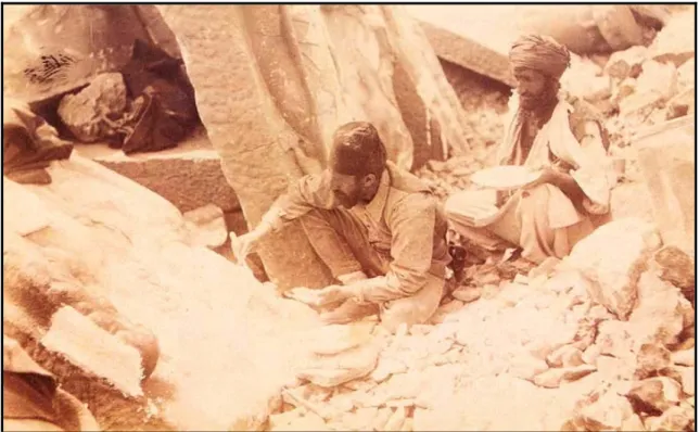 Fig. 4 Osman Hamdi Bey and a workman working at the excavation site of Nemrut,  1883 [Cezar, 1995] 