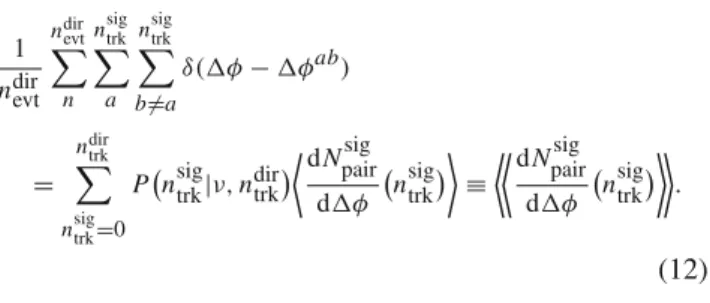Fig. 7 The probability of a Signal event with multiplicity n sig trk , to con- con-tribute to a Direct event with n dir trk = 30, 60 and 90 (solid, dashed, and dotted-dashed), as a function of n sig trk 