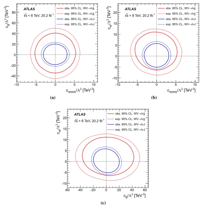 Fig. 8 The 95% confidence-level regions for combinations of two EFT