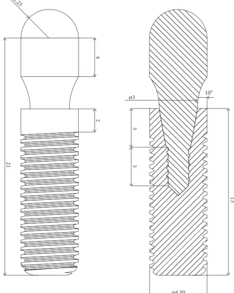Figure 1: Side and sectional views and main dimensions of the implant and abutment assembly.