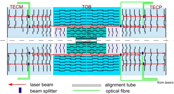 Figure 3 . Distribution of the laser beams in the CMS tracker. The eight laser beams inside the alignment