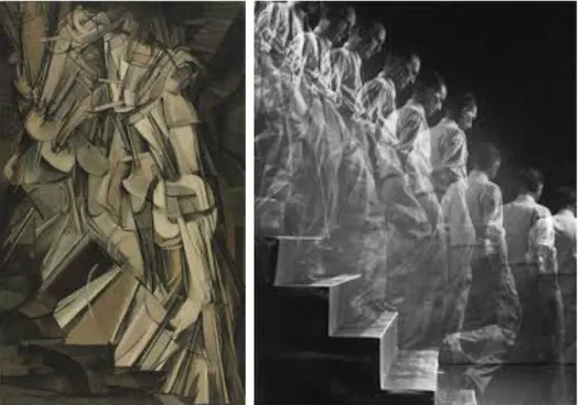 Şekil 3.2. Görsel 1, Duchamp’ın “Merdiveni İnen Nü, No.2” çalışması, 1912 ve Görsel 2, çalışmanın  fotoğrafik pozlama ile Duchamp tarafından canlandırması, 1952 