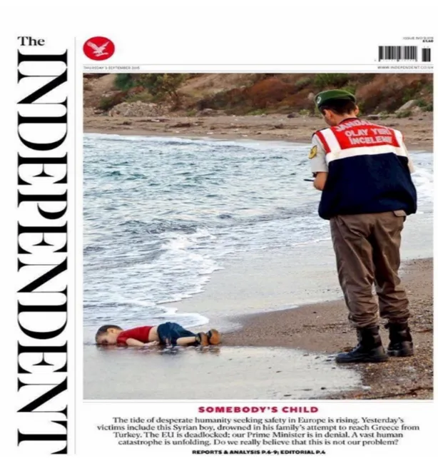 Figure 1. The image of a three-year-old boy washed up on a holiday beach in Turkey.       There is a reference to the Prime Minister, David Cameron, as he calls refugees as ‘swarms  on the streets’