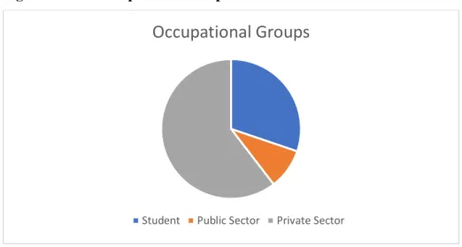 Table 3.4.4.1. Frequency of Occupational Groups     Frequency  Percent  Occupational Group  Student  29  30.2 Public Sector 9 9.4  Private Sector  58  60.4 