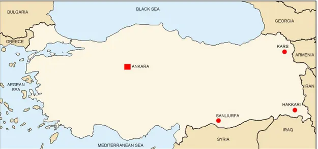 Figure 5: Map showing the cities of Ankara, Urfa, Kars and Hakkari. 