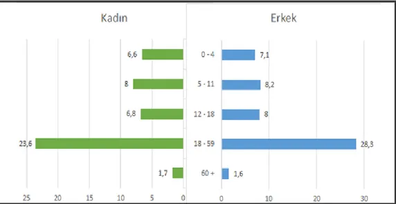 Grafik 3.  Türkiye’de Yaşayan Suriyelilerin Yaş ve Cinsiyete Göre Dağılımı (%) 