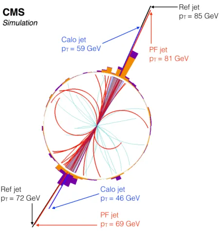 Figure 9. Jet reconstruction in a simulated dijet event. The particles clustered in the two PF jets are displayed with a thicker line