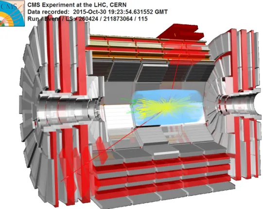 Figure 2 . A pp collision event with two reconstructed muon tracks superimposed on a cutaway image of the