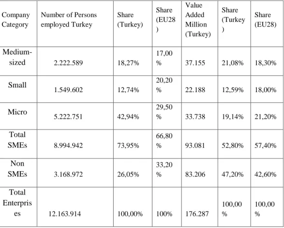 Table 5: Persons Employed and Value-Added of Turkish SMEs vs European  Union   Company  Category  Number of Persons employed Turkey  Share  (Turkey)  Share  (EU28 )  Value  Added  Million    (Turkey)   Share  (Turkey)  Share  (EU28)   Medium-sized         