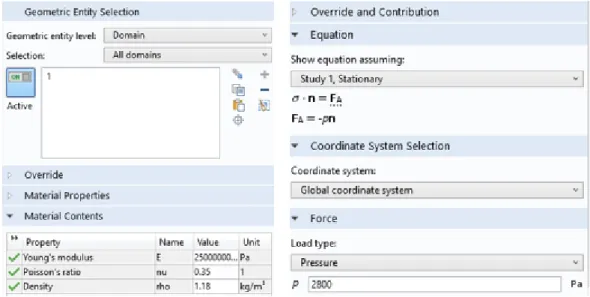 Figure 4.1. Assigning the material properties. Vero Clear material properties and boundary load selection for  left and right, respectively.