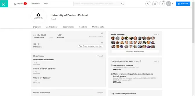 Figure 4: The institutional page of the University of Eastern Finland 