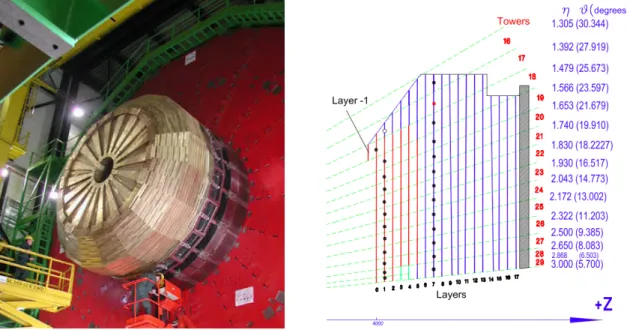 Figure 1 . A picture of the HE (left) and a sketch of the longitudinal and transverse segmentation (right, not to