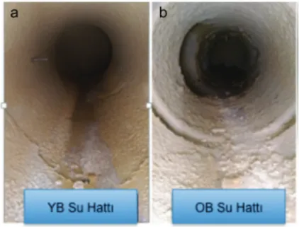 Şekil 7. a. Kızıldere-II Jeotermal Santrali yüksek basınç seperatörü su (brine) hattında gözlenen kabuklaşma  (Fotoğraf: Kızıldere Jeotermal Santrali’nden alınmıştır), b