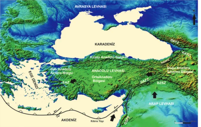 Şekil 1. Türkiye’deki ana tektonik zonlar (EAZ: Ege Açılma Zonu, KAFZ: Kuzey Anadolu Fay Zonu, KDAFZ:  Kuzeydoğu  Anadolu  Fay  Zonu,  BZSZ:  Bitlis-Zagros  Sütur  Zonu,  BKFZ:  Büyük  Kafkaslar  Fay  Zonu,  KKFZ:  Küçük Kafkaslar Fay Zonu, ÖFZ: Ölü Deniz 