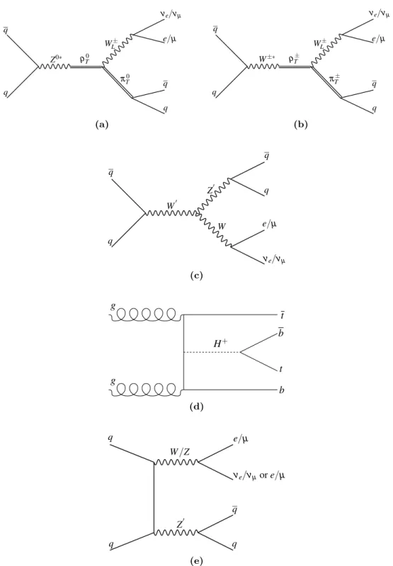 Figure 1. Representative Feynman diagrams for the processes considered in this analysis: (a)-(b) the techicolor model with production of ρ T decaying into π T W ± , (c) W 0 → Z 0 W ± production in