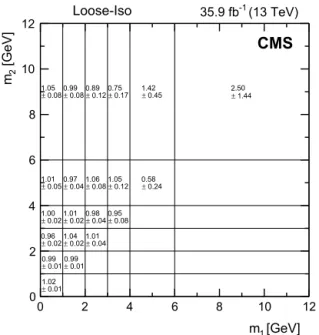 Fig. 7. The (m 1 , m 2 ) correlation factors C ( i , j ) along with their MC statistical un-