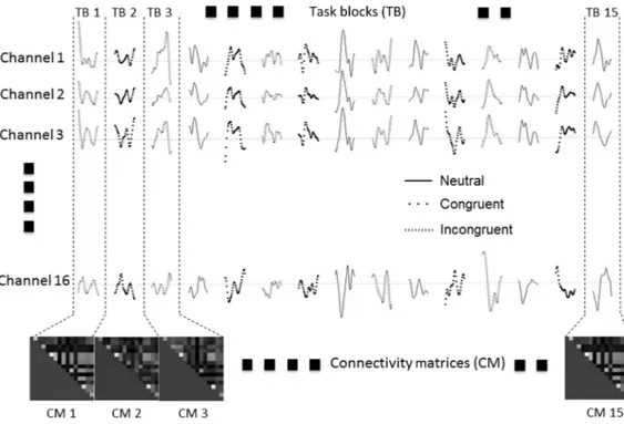 Fig. 5 This figure describes how time series data from 16 fNIRS channels was segmented and how mutual information based connectivity matrices were computed