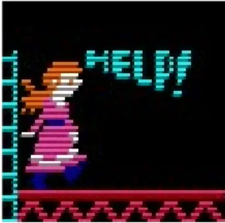 Figure  16.  A  screenshot  from  Donkey  Kong  (1981)  by  Nintendo.  Jumpman  seems  to  be  considering  what  to  do  against a barrel rolling towards himself.