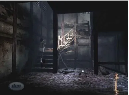 Figure 26. In Tecmo's 2003 release Fatal Frame II: Crimson Butterfly, items including  the narrative ones are shown as small glows around the game locations, for the player 