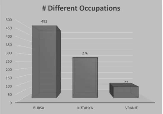Figure 8. Number of Different Occupations in Bursa, Kütahya and Vranje according to temettu‘at  registers