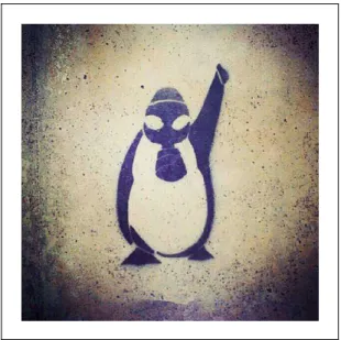 Figure 1. Stencil of a penguin wearing a gas mask. Street graffiti in Istanbul (or digital simulacra) widely circulated on social media.