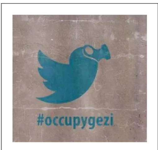 Figure 2. Twitter logo bird wearing a gas mask. Occupygezi hashtag. Digital artwork mimicking street graffiti widely circulated on social media.