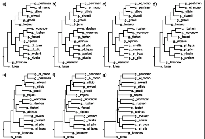 Figure 4 ITS consensus trees belong to different mutation levels. Consensus trees generated at mutation levels (a) 1%, (b) 2%, (c) 5%, (d) 10%, (e) 15%, (f) 20%, (g) 25% for ITS sequences
