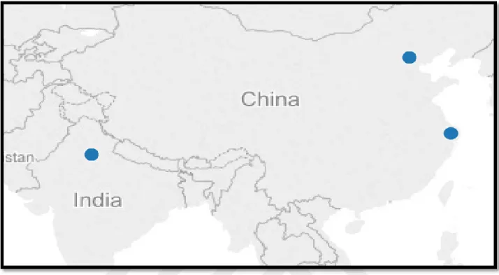 Grafik 9. Türkiye’li Sanatçılarının Sanat Fuarları Aracılığı ile Çin                            ve Hindistan’daki Coğrafi Dağılımı (2004 – 2015) 