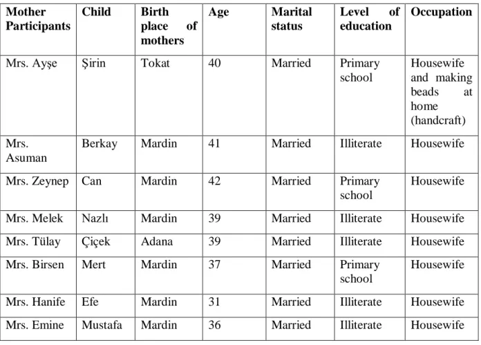 Table 2. Information of Mother Participants  Mother  Participants   Child  Birth place  of  mothers  Age  Marital status  Level  of education  Occupation 