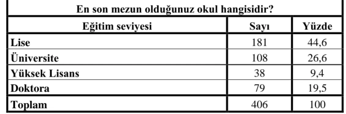 Tablo 13: Katılımcılara Ait Eğitim Düzeyi Dağılımı 
