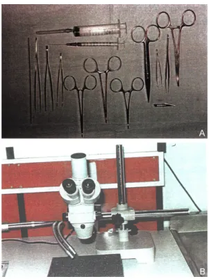 Figure 1.  A.  Microsurgical  instruments.  B.  Surgical  microscope. 