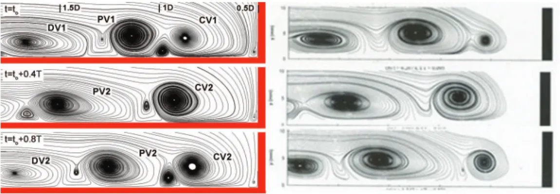 FIG. 11. Streamline patterns in the φ = 0 ◦ plane comparing the LES simulation results for case 3 with those in the experiment of Lin et al