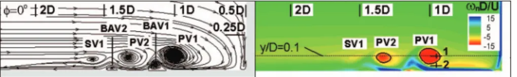 FIG. 3. Instantaneous streamlines (left) and out-of-plane vorticity contours (right) for case 2 (oscillating sub-regime with small displacements) in the φ = 0 ◦ plane.