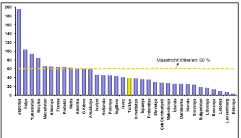 Şekil 4. AB ve Diğer Dünya Ülkeleri Kamu Borçları/GSYİH (%, 2008)  Kaynak: Eurostat, IMF World Economic Outlook, IMF Country Information, http://www.imf.org/  external/pubind.htm   (20 Nisan 2009)