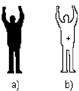 Figure 3. A silhouette image for an actor who is waving his two hands, is given in a) and the related image that demonstrates contour points, is given in b)