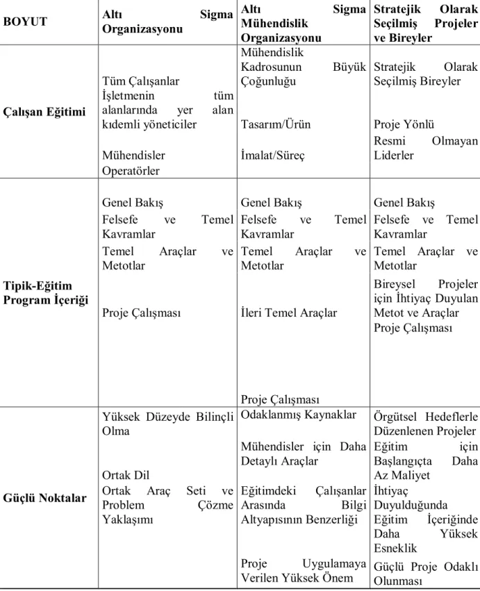 Tablo 3. Altı Sigma Stratejileri Karşılaştırılması(Ingle ve Roe 2001:276). 