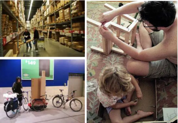 Figure 2.3. IKEA’s Self Service Approach (Upper left image: The IKEA warehouse,  2012; bottom left image: Yeah, we brought home a bed from IKEA by bike, 2012; 