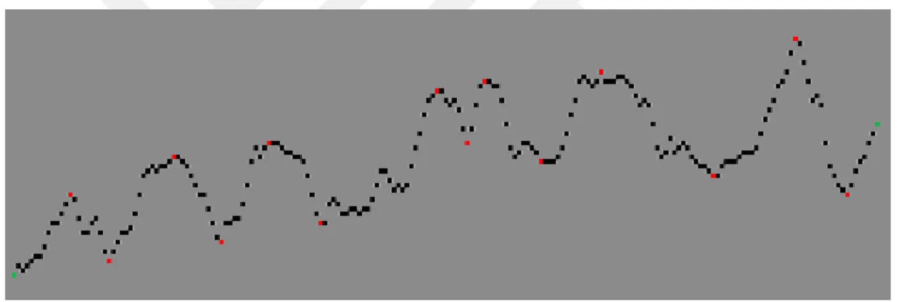 Figure 3.13 Local Maximum and Local Minimum points on a line chart Local maximum &amp; local minimum points are represented with red color, starting and ending points are represented with green color