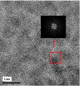 Fig. 3. HRTEM picture of MPS capped CdS quantum dots in powder form and FFT  pictures of a quantum  dot