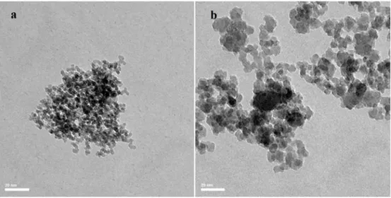 Fig. 3. TEM images of TiO 2 QDs with different acid:TiO 2 ratios: (a) 0.1, (b) 0.05.