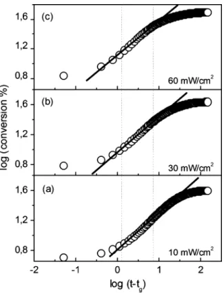 Figure 6. Double logarithmic plot of the conversion versus time curves above t g for (a) 10 mW/cm 2
