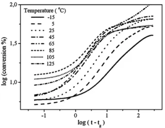 Fig. 4. Double logarithmic plot of the conversion versus time curves above t g for