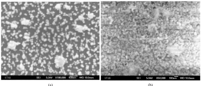Fig. 5. FE-SEM images of (a) nanocomposite SiO 2 film (ammonia/TEOS = 1:32) at the annealing temperature of