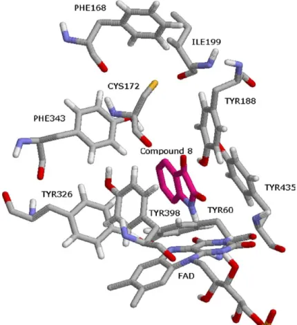 Figure 9. The binding conformation of 3-methyl-8-(4,4,4-triﬂuoro- 3-methyl-8-(4,4,4-triﬂuoro-butoxy)indeno[1,2-c]pyridazin-5-one 9 with MAO-B (1S3E: 1.6 A˚ resolution).