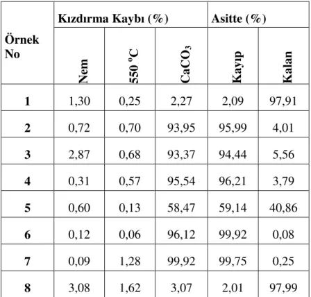 Tablo 5. 12 Kalsinasyon ve asit kaybı sonuçları 
