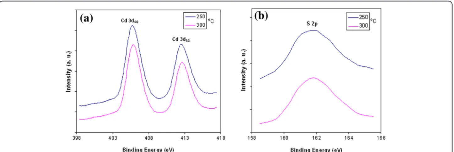Figure 2 XPS spectra of films heat-treated at 250°C and 300°C for 15 min. (a) Cd 3d and (b) S 2p core level.