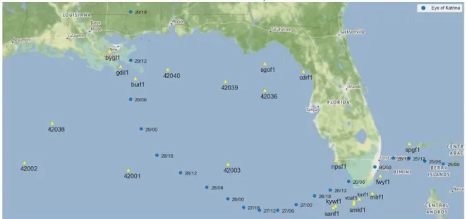 Figure 7. Buoy locations and path of Hurricane Katrina. 