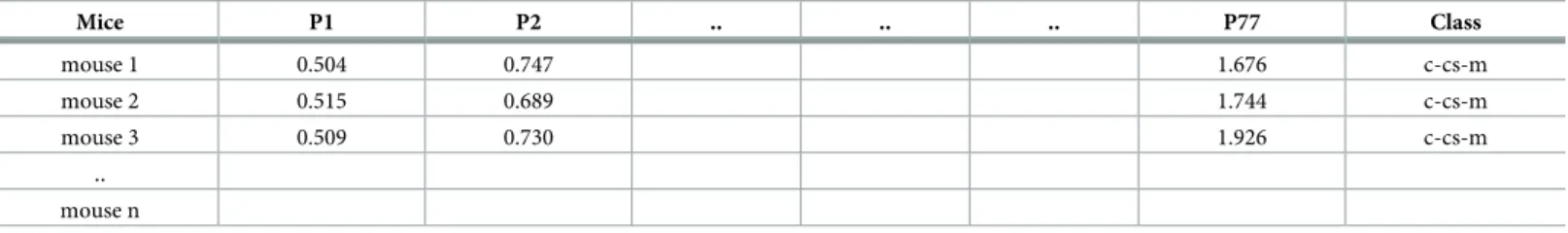 Table 3 shows eight classes of mice in the dataset based on their types, their exposure to CS or SC, applied drugs, number of mice in each class and their learning outcomes.