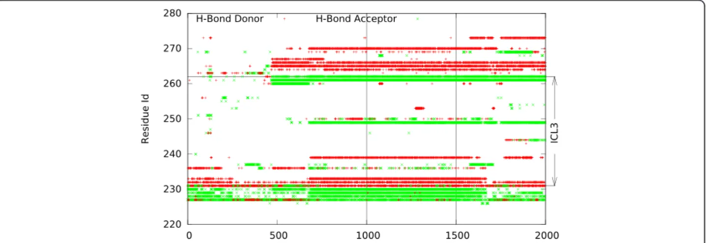 Fig. 3 Hydrogen bond profiles. The first and the second continuation runs (500 ns each), MD1ms_cont1 and MD1ms_cont2, covering a time range of [1000:1500] and [1500-2000] ns, respectively
